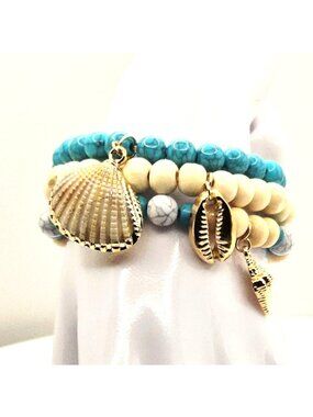 Coastal Bracelet Stack, Beach Charm Bracelet Set, Shell Bracelet, Ocean Jewelry